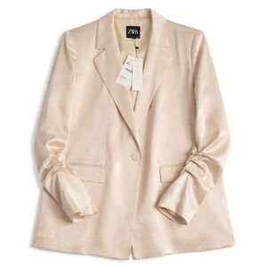 New Zara Blazer Womens XL Champagne Satin Ruched Sleeve Single Button Old Money